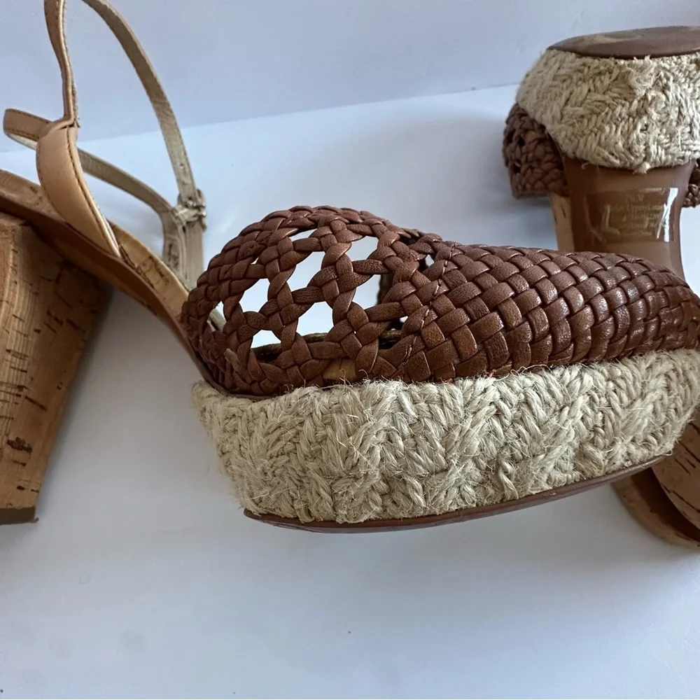 Sam Edelman Rella leather cork basket weave espadrille platform heels.
